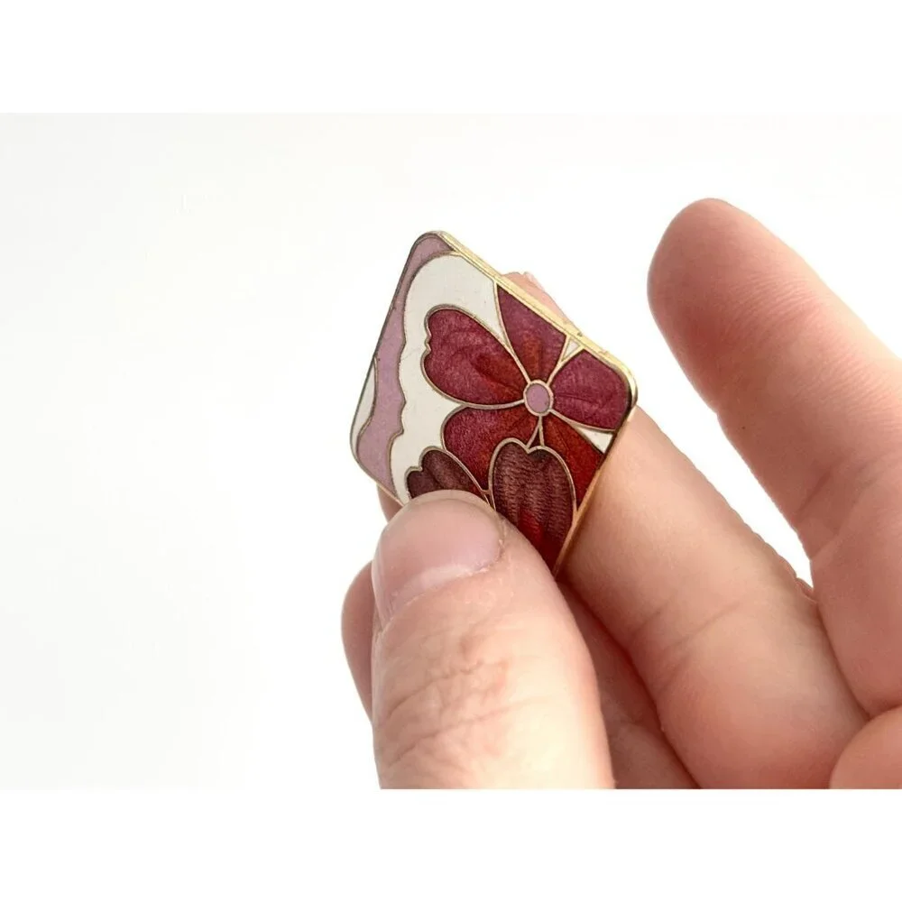 Enameled  Pink & Orange Gold Toned Floral Vintage Costume Jewelry Brooch